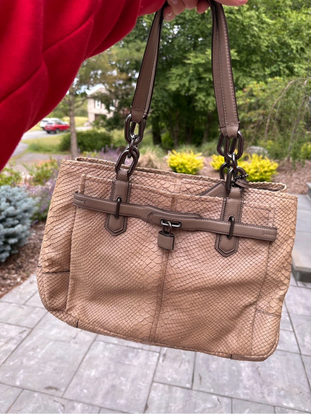 Coach Taupe Snake-Embossed Shoulder Tote with Lock Accent